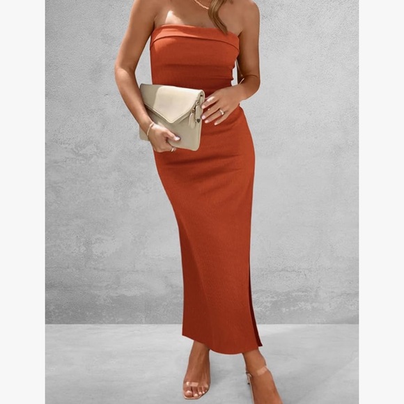 PRETTYGARDEN Womens Summer Bodycon Maxi Tube Dress Ribbed Strapless Side Slit - Picture 3 of 5